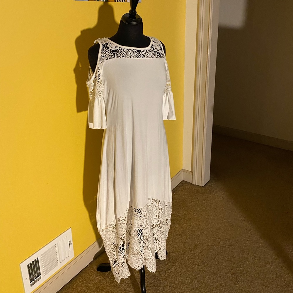 White Crochet Hem Cold-Shoulder Dress